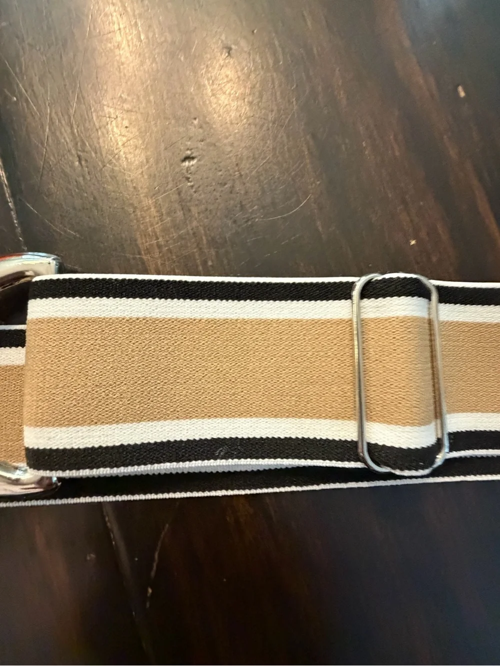 Striped Elastic Belt with Silver Interlocking Buckle - Tan/Black/White